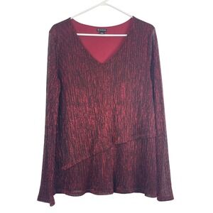 00632 NEW DIRECTIONS Womens Red Metallic V Neck Long Sleeve Top Plus Size L